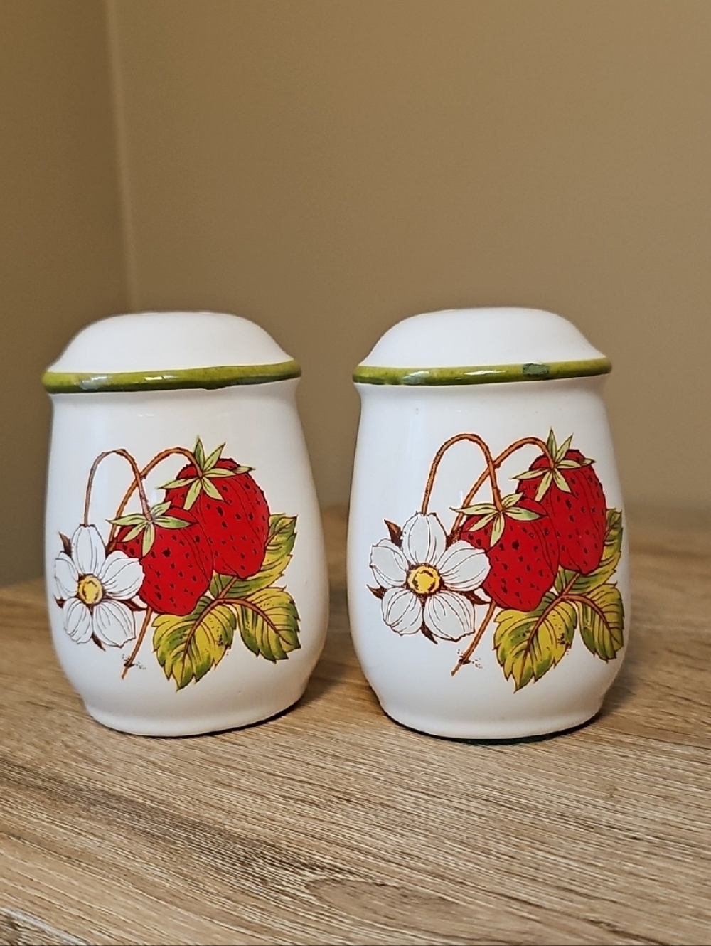 Vintage Cottage White Ceramic Strawberry Salt and Pepper Shakers with Green Trim